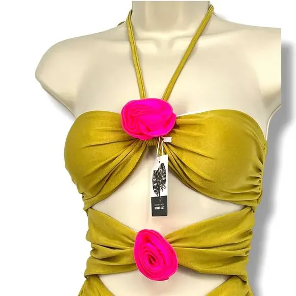 SWMMER LIKET NWT Olive Color Two Cut Out Halter Tie One Piece Swim Suit S Beach - Picture 3 of 7